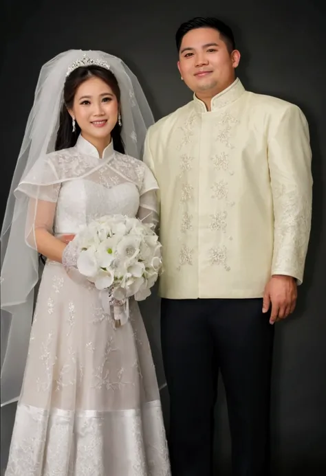 bride and groom posing for a photo in traditional wedding attire, wedding photo, couple portrait, lovely couple, happy couple, full body photogenic shot, couples portrait, full body photograph, bride and groom, formal portrait, wearing authentic attire, ba...