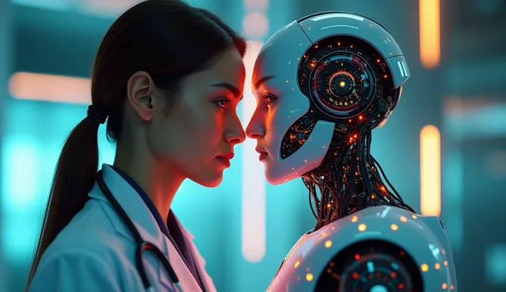  an image on the left side ,  a human doctor in a white coat with an aesthetic and empathetic expression;  On the right side ,  a robot or digital avatar with circuits and LED lights , set in a futuristic hospital .  Realistic style with metallic tones and...