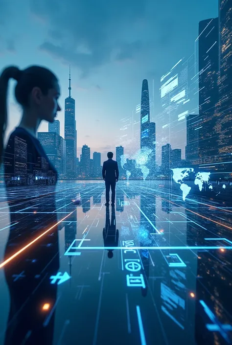 Create a modern, sleek, and futuristic image symbolizing the transformative power of artificial intelligence in business. The scene should feature a bustling digital cityscape at dusk, with glowing holographic displays, interconnected networks, and digital...