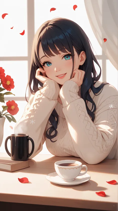 Create an image featuring a girl with long, silky hair that is soft pink with a red tint, fluttering gracefully in the wind. She is posing in a cozy cafe, wearing a cute wool sweater, exuding a romantic atmosphere and bright emotions. The scene is set agai...