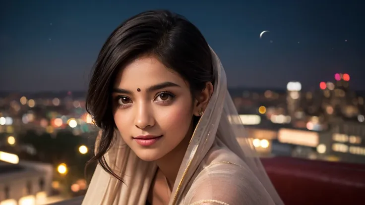 "A hyper-realistic, ultra-detailed cinematic portrait of a young Bengali woman sitting on a rooftop under a starry night sky, her face illuminated by the soft glow of the moon. Her deep brown eyes are filled with quiet relief and love as she gazes at the m...