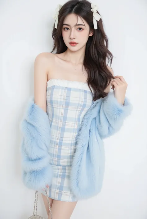 /imagine prompt: A stunning young woman with long, wavy dark hair adorned with delicate ivory ribbons, framing her soft and youthful face. She wears a chic strapless plaid mini dress in pastel blue and white, accented with a plush faux fur trim. Draped ove...
