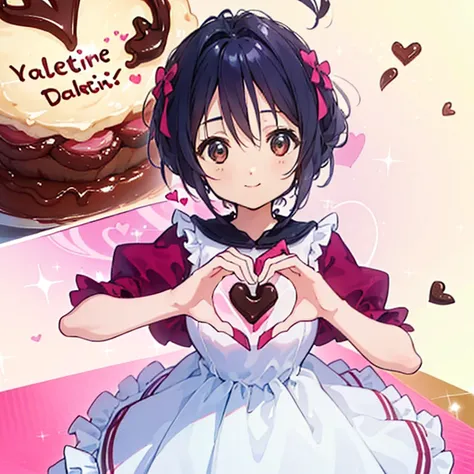 (((32K))), (((  has a heart background ))), ((( ))), ((( cute ))), (Beautiful high quality eyes ), ( cute smile), ((( dress))), (  Valentine ), ((A heart that has chocolate)), 