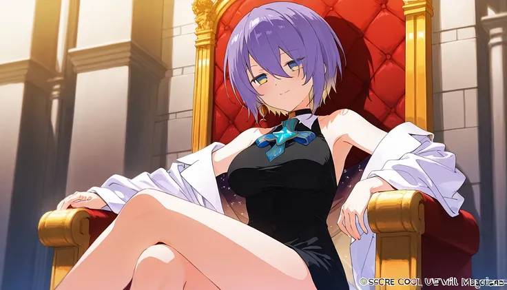 Moona Hoshinova, 1 girl, short hair,A anime girl sitting on a throne and passing a devil smile with some cool animation he is wearing magicians dress