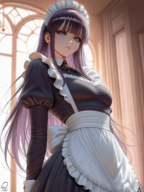 Illustrioussciamano, masterpiece, best quality, high quality, absurdres BREAK 1girl, solo, demoness, simple and cute woman, dressed in a classic maid outfit. She has long, dark purple hair with straight bangs, framing her delicate face. Her cold gray eyes ...