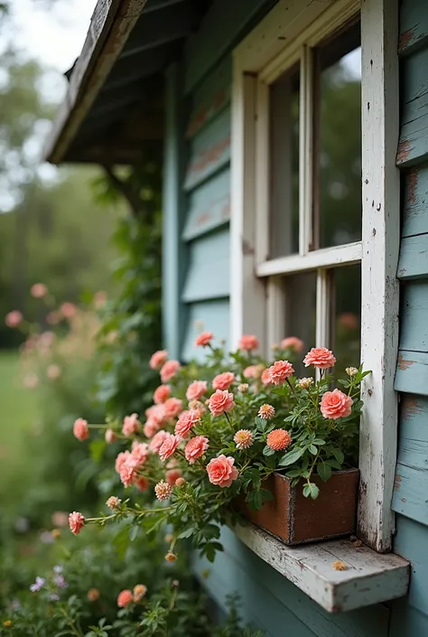 Vintage house with flowers by window photography 