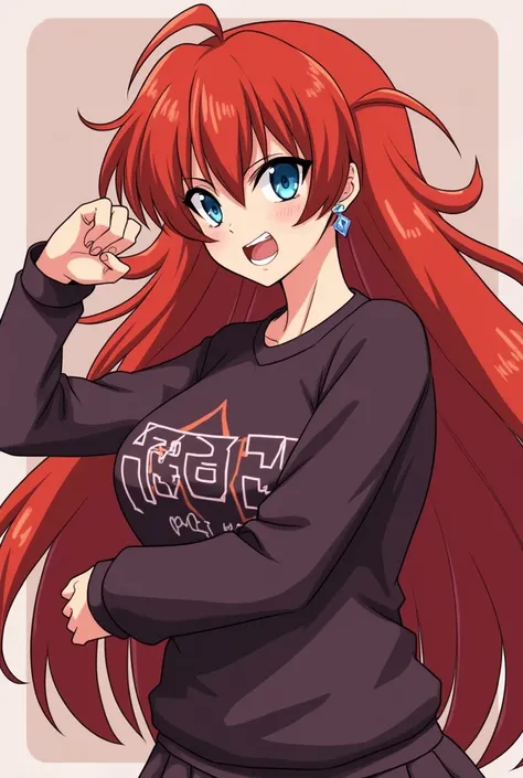  Rias Gremory  (high school dxd), 1 girl, Alone ,  masterpiece,  high resolution sweatshirt,  Anatomically Correct,  better quality,  super detailed,  Textured skin ,  long hair,  red hair face,  messy hair , Blue eyes,  big breasts,  Diamond-Shaped Earrin...