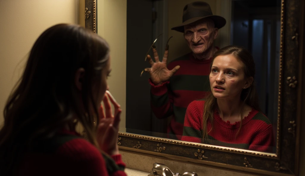 Nancy in her bathroom, cinematic close-up of her face as she looks into the mirror. Freddy Krueger's reflection appears behind her, his claws reaching out.