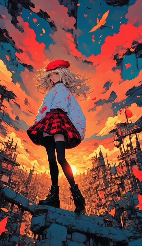  anatomically correct  ,   beautiful full-length girl   ,   beautiful anime high school girl ,  full of colors , ((In manga style:1.5)),  linear ,   she's half in profile   ,   red and black checkered mini skirt   ,   three-quarter fishnet stockings   ,  l...