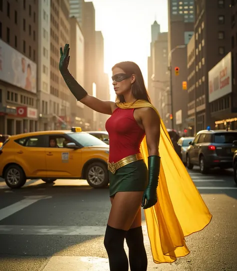 {
  "T5": "A striking and confident woman dressed in an ultra-stylized Robin costume stands at the heart of a bustling Manhattan intersection, directing traffic with effortless authority. Her outfit is an updated, fashion-forward take on the classic design...