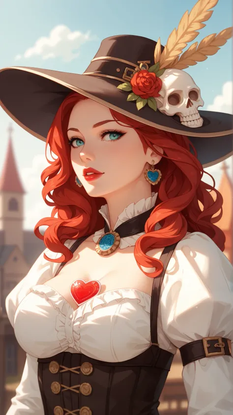 Create an image featuring a character with long, silky red hair that has a subtle blue tint, set in a steampunk environment. The character wears a stylish witch hat and a corset, embodying a magical and mysterious aura. The scene is depicted in a hyperreal...