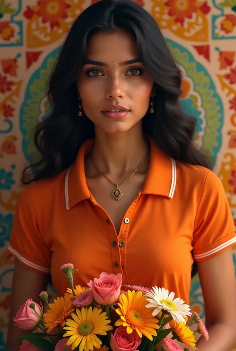 creat an  image of a real beautiful black india woman  with orange polo shirt with white line holding flowers the background should something representing Indian culture 