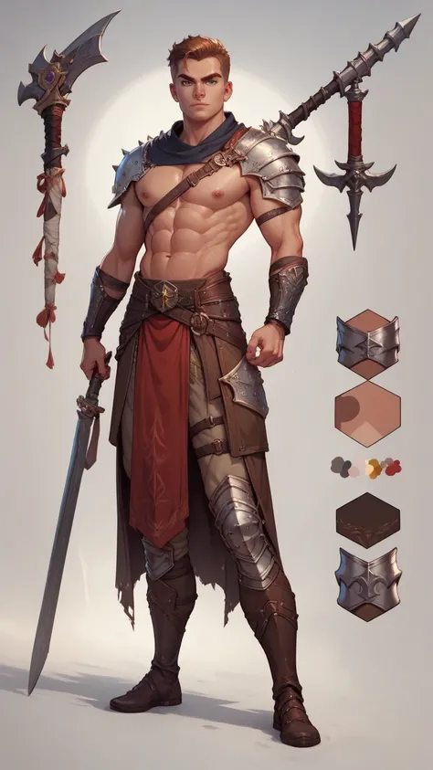 (((best quality))) (((HD))) (((8k))) (((extreme detail))). Character design sheet. full body. Tall, slim, fit, lean. Fierce male warrior.