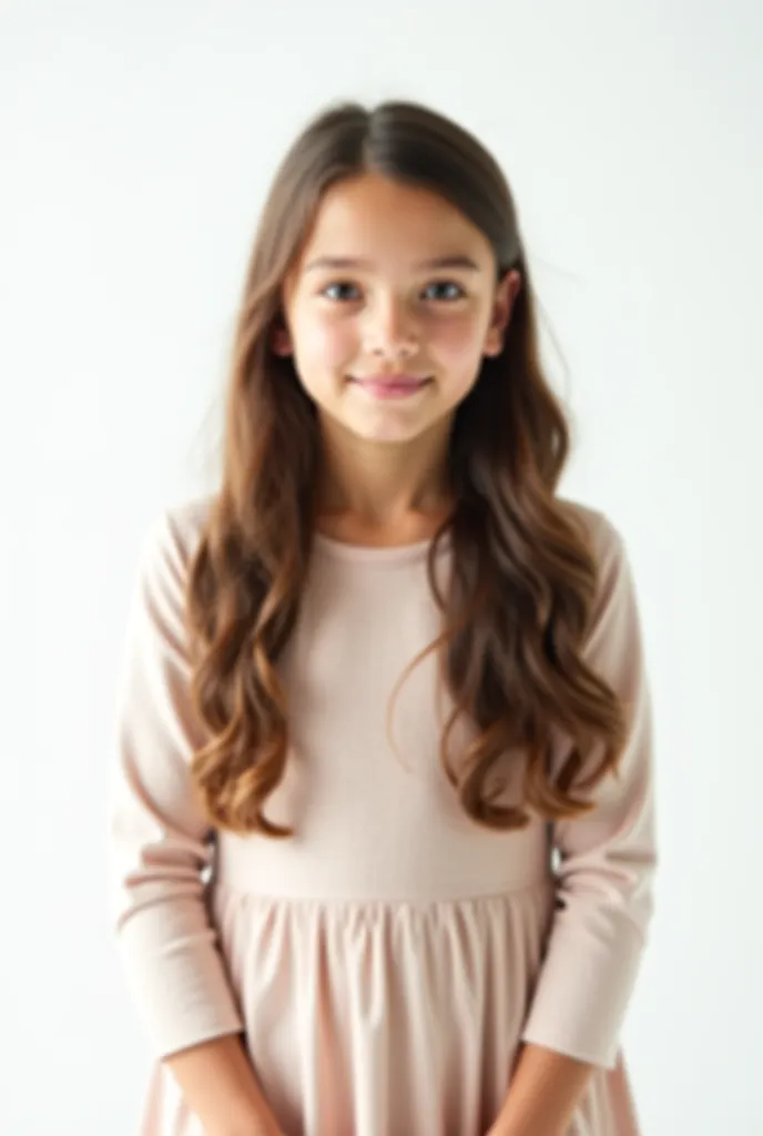 A beautiful young girl, ten years old, with long brown hair and white skin, stands in front of a white background