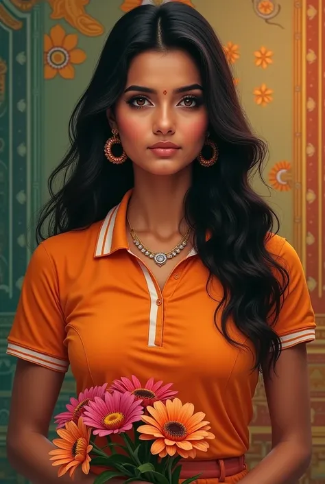 creat an  image of a real beautiful black india woman  with orange polo shirt with white line holding flowers the background should something representing Indian culture 