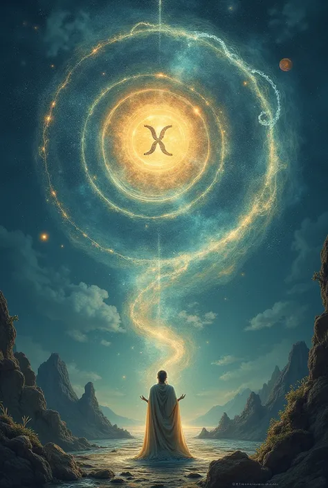 spiritual image with astrological symbol of the Aquarius sign in the center. Around a spiral representing the Zodiac Wheel as the hero's journey