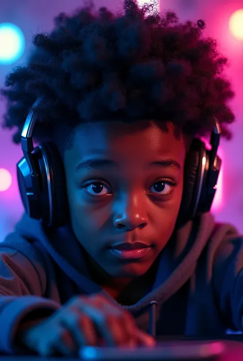  Black gamer with black eyes and " frizzy black hair "  with headphones and game details on black purple and blue background