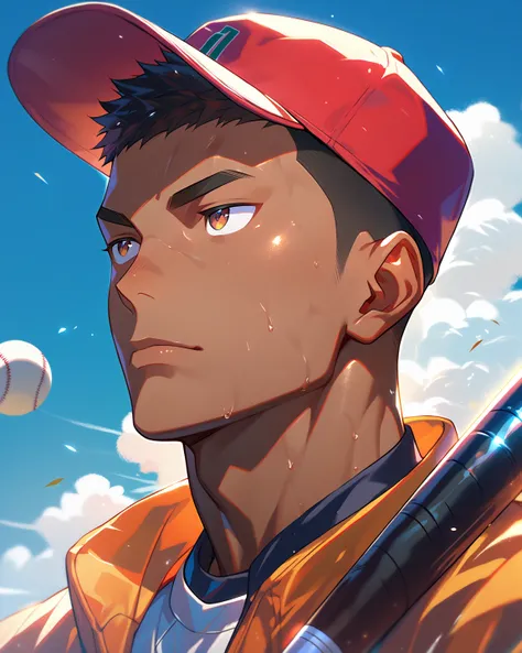 High quality,((dark Tan)),very short cut hair,forehead,crew cut,cap,baseball,sky,summer