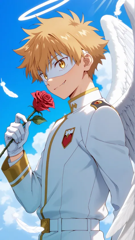 Full pure White hero masked men anime, solo,white angel uniform,white belt,white eye mask,glove,angel,1boy,mysterious grin,fang out,male focus,big white angel wing,angel halo,golden eyes,day sky clouds heaven background,inuzuka shuu, blonde,male focus,play...