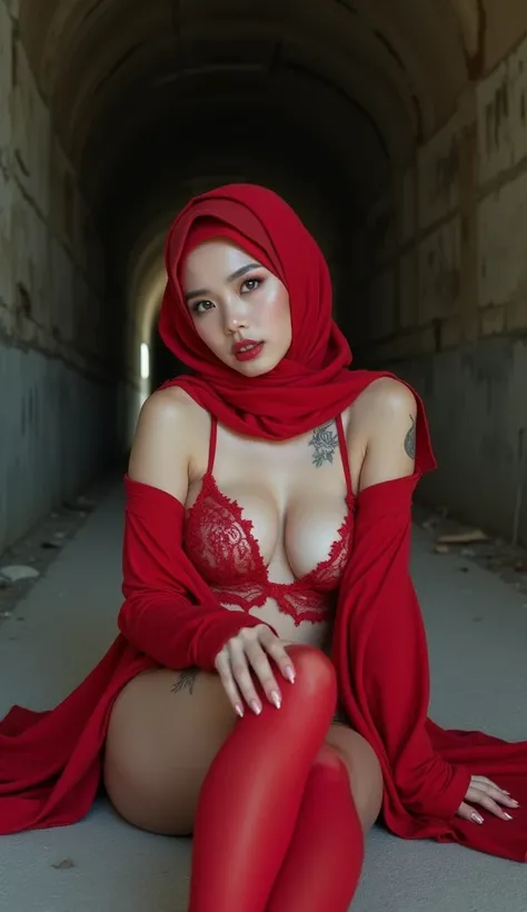 A full body photo of beauty and cute white skin korean idol girl wearing red modern hijab only and korean style red cute bikini,she has big round breast size, the girl laying down on abandoned haunted tunnel,the girl do a naughty face expression and sexy p...