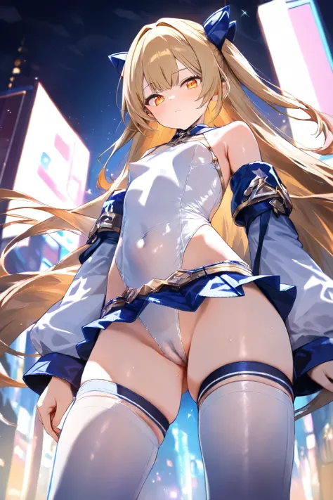 NSFW, Masterpiece, top quality, high resolution, very detailed, girl, Golden Hair , long hair, orange eyes , small tits,魔法 girl, leotard, high leg , shoulder out, micro mini skirt , detachable sleeves with crotch, knee-high socks, in the city at night