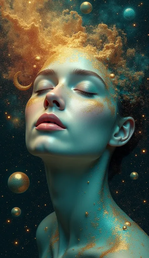 This is a striking piece of fantasy/cosmic artwork that combines celestial and human elements in a dreamlike composition. The image features a face with closed eyes, rendered in ethereal tones with turquoise and golden glitter-like effects across the skin....