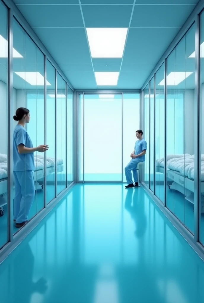  Create an image of an intensive care unit ,  that has independent cubicles of transparent glass.  Who is multidisciplinary ,  intensivist , nurses, infectologists , obstetrician, surgeons ,  oncologists and especially interists .  It must be based on prin...