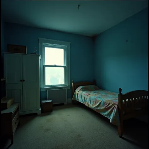 Square room with blue carpet walls and light brown carpet floor, in it there is a window through which only darkness can be seen outside, and on one side there is an old ren's bed, with a colorful blanket, the room is illuminated by a light of white fluore...