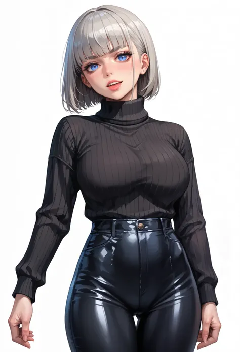 ((White background)) (Curve:1.1) rathing_explicit ,((1girl)) , (solo girl) ,(Silver Hair)、Bob Hair ((bob cut:1.2)) 32 years old, Fierce face, sharp face, A formidable face ,Calm appearance, Ultra Detail Hair, ultra detail face, (blue eyes:1.2), (blush:0.8)...