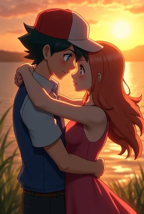 Ash and Misty from Pokemon hugging each other romantically 