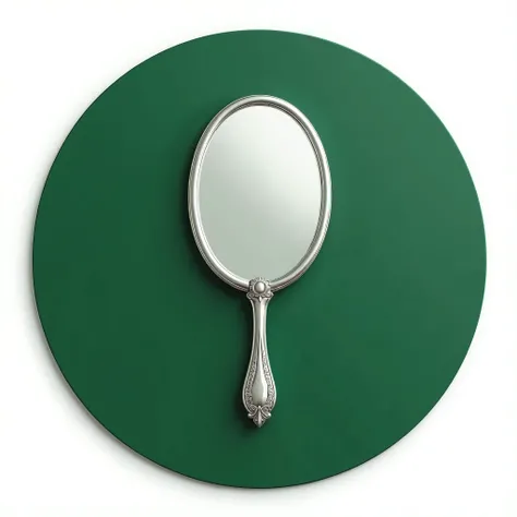  A non-realistic art set inside a green circle with a sharp border .  In the center of the circle , An iconic coat of arms features a silver hand mirror, with fine detailing and crisp design,  but minimalist . The mirror is reflective and delicate, with a ...