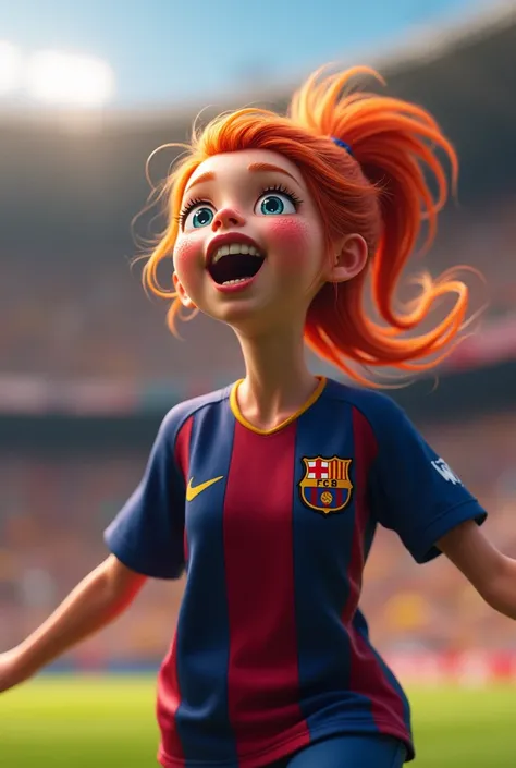  Redheaded Girl, with freckles on the face and lenses, Celebrating a goal and wearing FC Barcelona clothing