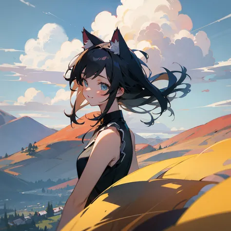 (best quality,cute girl), cat ear, [Upper body, Wind, Happy], sleeveless, Country, Summer, Nostalgic, Town, Clouds, evening, Mountain, Observation deck