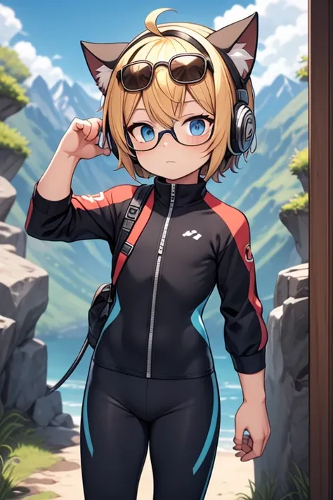 Showta boy, two -dimensional ， Mountainly mountainous climbing suit ， Slean, healthy body ， Place headphones on your head ， Standing ， glasses ， cat ear 