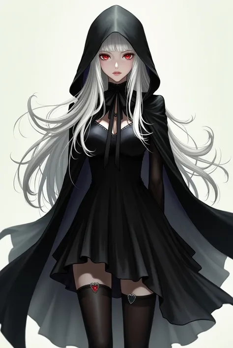 On long white hair ,Black ribbon , red eyes , black skirt , black stockings ,Picture a person with a black hood  ,female