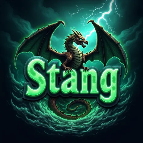  Guild logo with a prominent name “STANG”, hurricane, lightning and wind and realistic letters neon highlighted with a skull and a dragon. Using neon blue as an accent color
