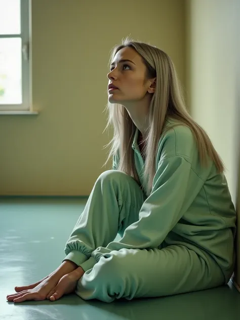 a masterpiece wide-shot photo of Lumi sitting on the floor of a room in a mental asylum with soft beige walls. Lumi is a 40 yo woman, slim with a flat chest, long silver-dyed hair and green eyes. She has straight hair parted in the middle. She is wearing a...