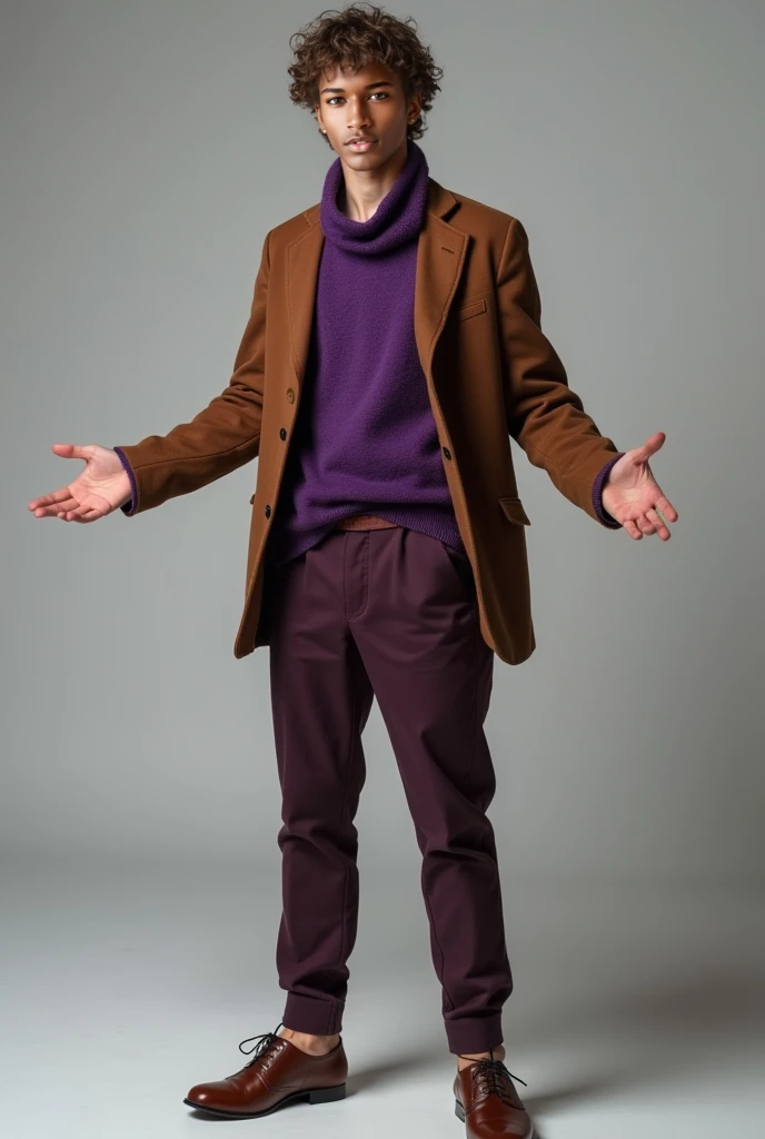 Professional full body shot of an attractive 28-year-old French male model, trimmed eyebrows, fluffy ear length wavy side parted hair, vibrant purple eyes, wearing stylish brown and purple clothes, brown oxfords, standing with arms out to the side in a T-pose at a photoshoot.