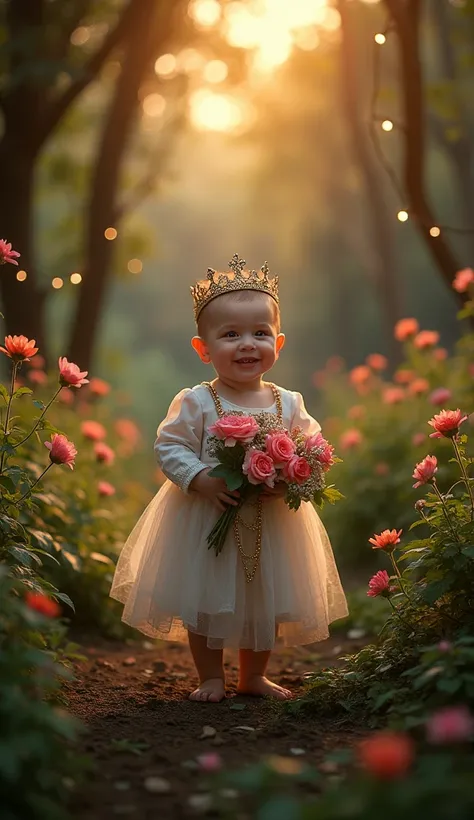  Imagine a serene and mystical atmosphere in an enchanted forest at dusk , where the royal baby ,  dressed in an exquisite costume ,  is being presented to the world in a grand and luxurious ceremony ,  surrounded by lush vegetation ,  twinkling fairy ligh...