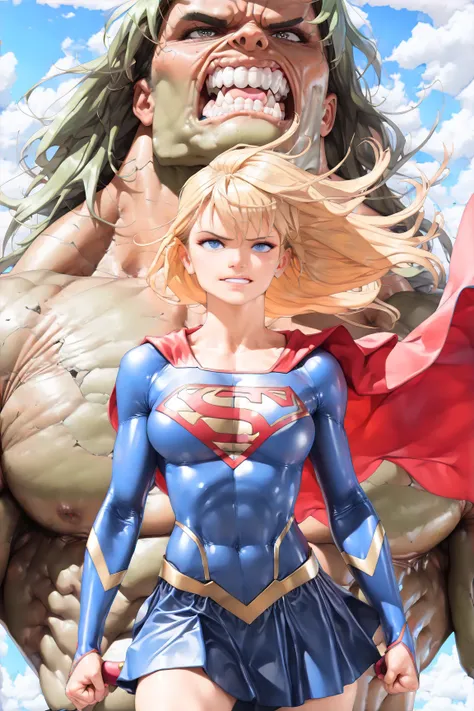 (((realistic))) ((( masterpiece, best quality ))), ((( high resolution))) ( masterpiece), ((( Best quality ))) (((Supergirl Kryptonian heroine, While, (((Fight fiercely against the furious Hulk))), (((Supergirl punches Hulk in the chin))), (((Detail ))) Of...