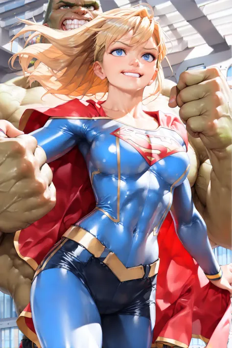 (((realistic))) ((( masterpiece, best quality ))), ((( high resolution))) ( masterpiece), ((( Best quality ))) (((Supergirl Kryptonian heroine, While, (((Fight fiercely against the furious Hulk))), (((Supergirl punches Hulk in the chin))), (((Detail ))) Of...