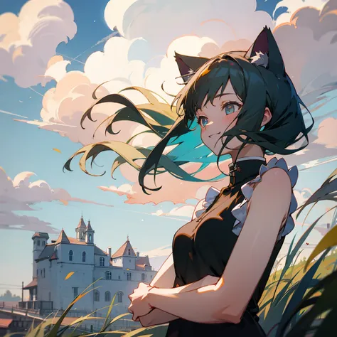 (best quality,cute girl), cat ear, [Upper body, Wind, Happy], sleeveless, Country, Summer, Nostalgic, Town, Clouds, evening, Hill, Observation deck