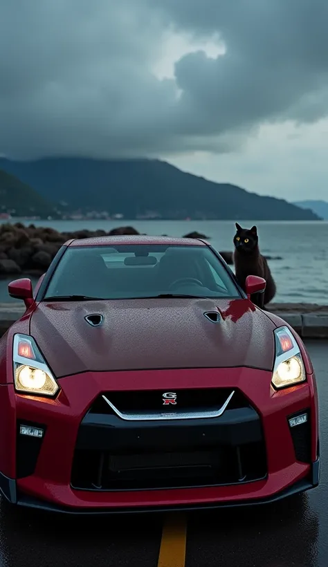  Cinematic Chocolate Frame,  chocolate cake,  dark background,  quality photo, wet texture, glazed,  studio photo, slice,  shallow depth of field, car photography,  A design that combines the latest Nissan GT-R R35 and the Chevrolet Camaro, ((( The front d...