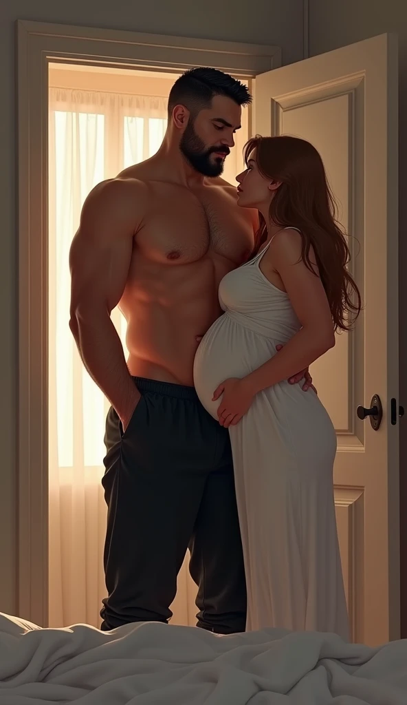  Illustration . 

A house. A tall and strong American man ,  short black hair, barbarian.  Wearing black sweatpants in the double bedroom.  She has long light brown hair , Pregnant woman wearing a light white dress .

Capa de livro darkromance.