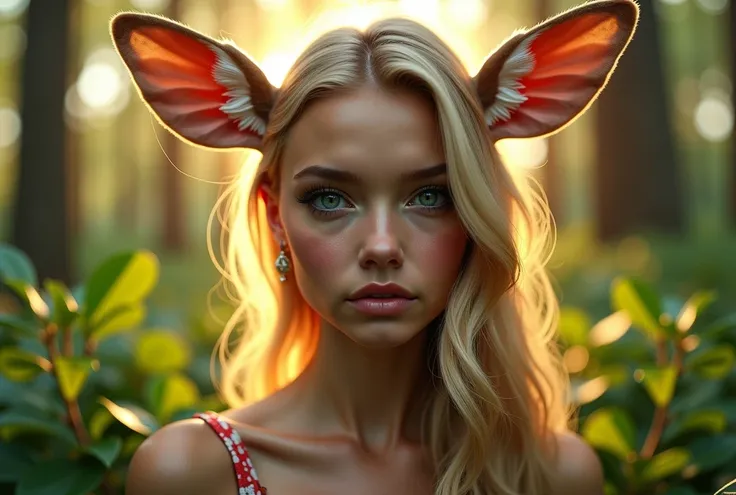 beautiful blonde girl ,  extremely detailed eyes and face,  long lashes ,  gentle facial features , Deer, doe, fawn, the forest, lush greenery,  sunlight,  piercing through the leaves ,  charming, bizarre, magical realism,  with cinematic lighting,  bright...