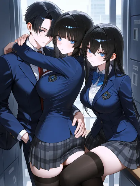 ,black hair,,cool beauty,school uniform,blazer,skirt,thighhighs,large breasts