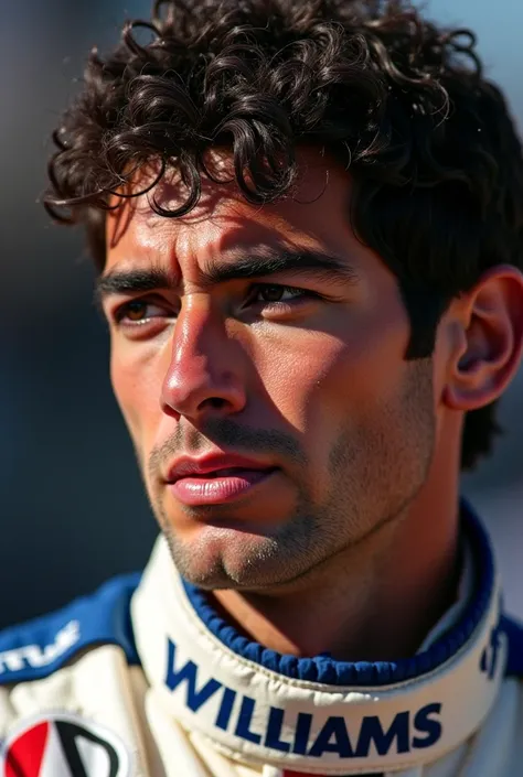 Realistic image of Ayrton Senna in the 1994 Williams uniform. After the accident in Imola, Ayrton Senna's face, previously serene and concentrated, was motionless, his eyes half-open, but expressionless. A small trickle of blood ran down his forehead, mixi...