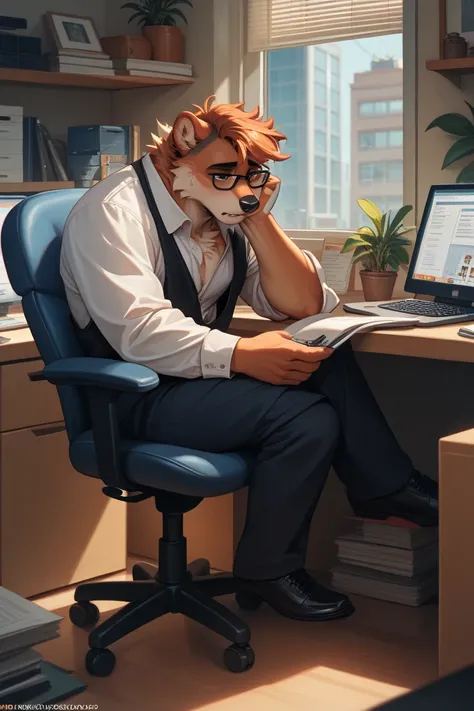 Furry working in the office, tired and exhausted, He looks at the computer with a look of boredom and tiredness,  full body