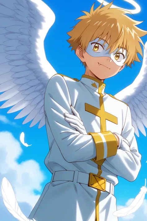 Full pure White hero masked men anime, solo,white angel uniform,white belt,white eye mask,gloves,angel,1boy,mysterious grin,fang out,male focus,big white angel wing,angel halo,golden eyes,day sky clouds heaven background,inuzuka shuu, blonde,male focus,pla...