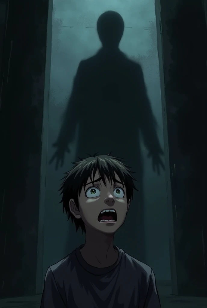 a frightened teenager seeing a dark and creepy shadow of someone